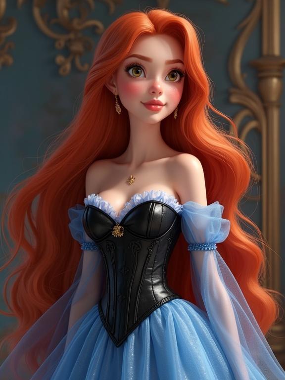A young woman with long red hair and hazel eyes wears a transparent blue and black corseted gown inspired by Disney.