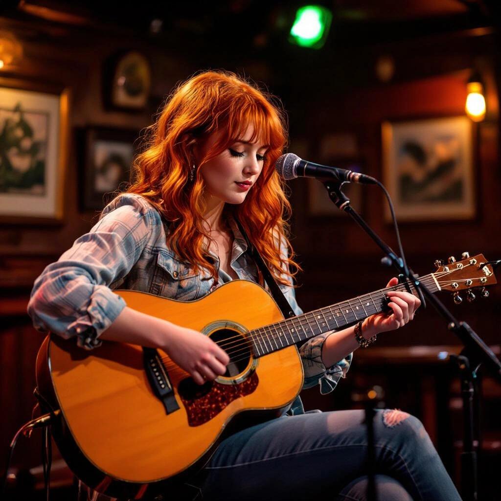 Red-haired Irish girl plays guitar on stage in a pub. Warm atmosphere and cozy setting.