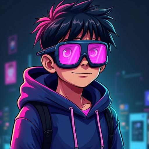 Comic style illustration of a character with a sarcastic expression. The character has big futuristic glasses and wears a dark hoodie with neon cyan and purple accents. Hair is short and messy with a smirk on the face. The background is dark with digital glitch effects and the character holds a floating laptop. Image features soft lighting and comic shading with a confident and edgy vibe.