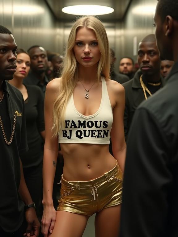 Photorealistic image of a young woman wearing a top with famous bj queen text and a gold miniskirt. She is in a crowded elevator with several people around. She appears happy and confident. Scene includes elements of urban culture and social interaction.
