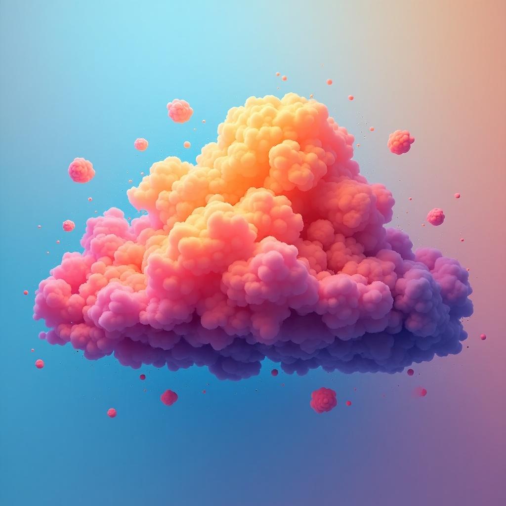 Cloud illustration with vibrant colors like pink, peach, and purple. Digital art style with a gradient background. Suitable for social media use.