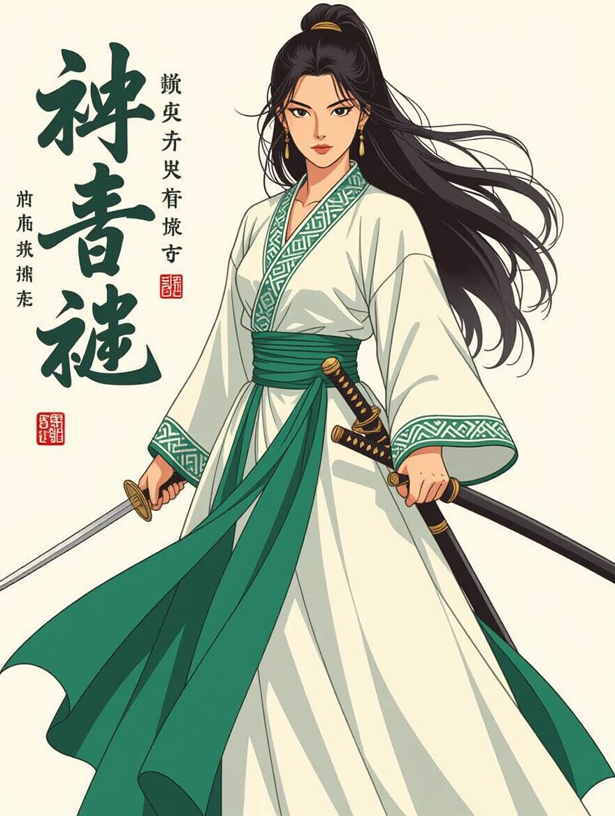 Woman in white and dark green clothes. Long hair flowing down. Stands confidently holding swords. Inspired by Wuxia genre. Designed in 80s action movie poster style. Title reads Wuxia Portugal.