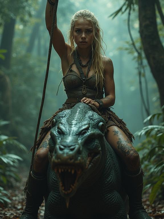 A battle-worn young warrior girl with blonde hair rides a grotesque eel-like creature. She is in a thick jungle. Her expression shows determination. Clothing is ragged and bruised skin is visible. Arm is raised in victory. Environment has mist and bioluminescent fungi.
