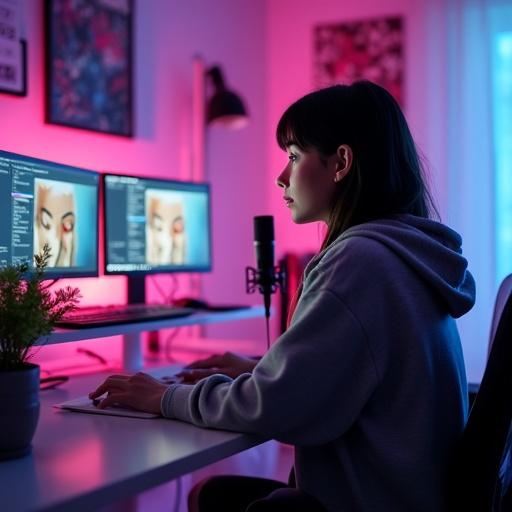 Realistic girl content creator in cozy YouTube studio. Recording a video. Natural makeup. Expressive eyes. Casual clothes like hoodie. RGB lighting. Clean desk setup with mic. Dual monitors and editing software.