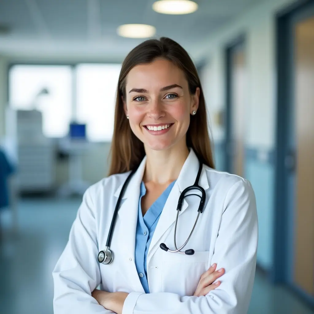 This image features a doctor wearing a crisp white coat and a stethoscope around their neck. The doctor has a warm smile, radiating professionalism and approachability. The setting appears to be a hospital or clinic, with soft, natural lighting that enhances the inviting atmosphere. The doctor stands confidently with their arms crossed, suggesting readiness and competence. This image captures the essence of healthcare and professional medical practice, ideal for various educational and promotional uses.