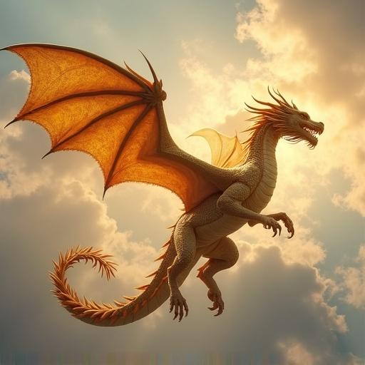 Majestic golden dragon soaring in the sky. Dragon has large wings and is in motion. Clouds provide a dramatic background with sunlight shining through.