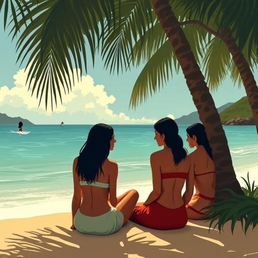 Tranquil scene with Polynesian women sitting under a tree by the shore. Engaged in quiet conversation. One woman gazes at the viewer while others face away. A mysterious figure lurks behind them. Rendered in Symbolist style with flattened shapes and bold outlines. Color palette includes terracotta reds, muted turquoise, sandy yellows, and dark brown shadows. Themes of women and spirituality emphasized.