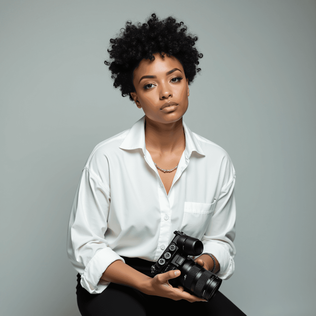 A thoughtful individual in a white shirt holds a DSLR camera, set against a muted background, suggesting a keen interest in photography.