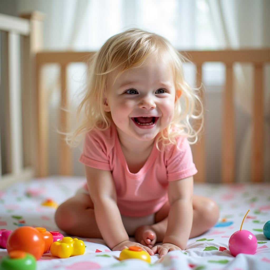 The image captures a joyful toddler playing in her crib. A girl with long blond hair beams with happiness, wearing a pink t-shirt and a diaper. The crib is filled with colorful toys strewn across a playful patterned sheet. Bright lighting creates a warm and inviting atmosphere. This scene showcases a candid moment of childhood exploration.