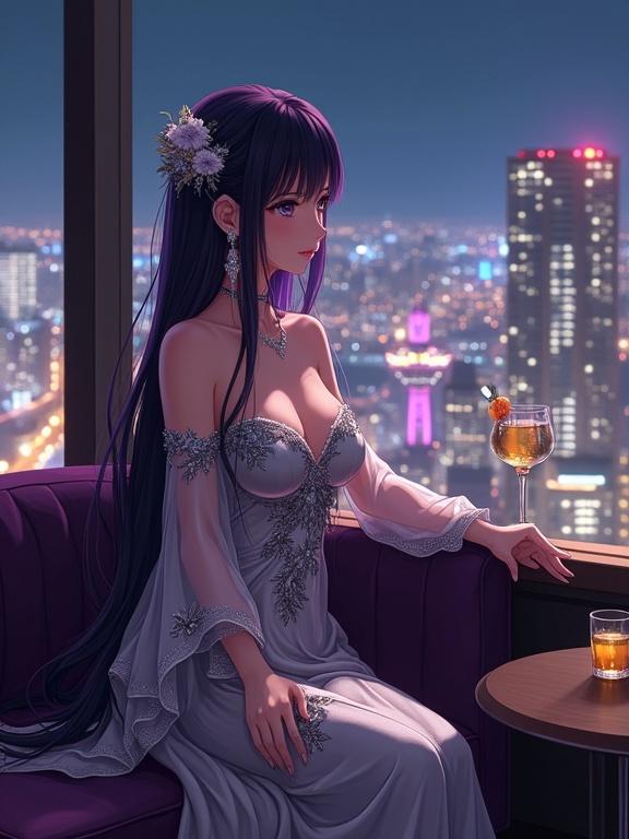 A graceful woman sits on a sofa in an upscale lounge. She has long dark violet hair and wears an off-shoulder silver gown. Her attire features floral embroidery and sheer sleeves. A gold cocktail is on the bar counter. A vibrant city skyline is visible through the window. The setting is elegant and romantic with dramatic lighting and rich textures.