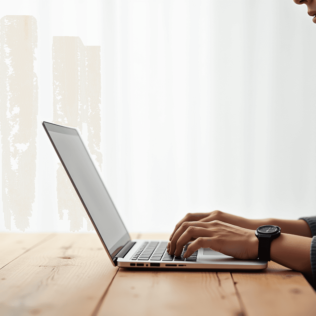 A person typing on a laptop at a wooden table, wearing a black watch, with soft natural lighting.