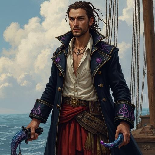 Image of a character named Endrick Tapejara. He is a human swashbuckler with a magical fishhook-shaped left limb. Dress includes a black pirate coat with gold trim and purple symbols. Right hand holds a flintlock pistol. Background features a ship and ocean. The art is painterly and resembles vintage fantasy.