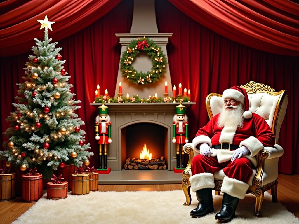 This image depicts a jolly Santa Claus sitting comfortably in a lavish chair in front of a beautifully decorated fireplace. The setting is adorned with a Christmas tree, bright with colorful ornaments and shimmering lights. The warm glow of the fireplace adds to the cozy ambiance, while nutcracker figures stand on either side of the mantle, surrounded by garlands and candles. Red curtains drape elegantly in the background, creating a perfect holiday scene. This image captures the essence of Christmas joy and celebration.