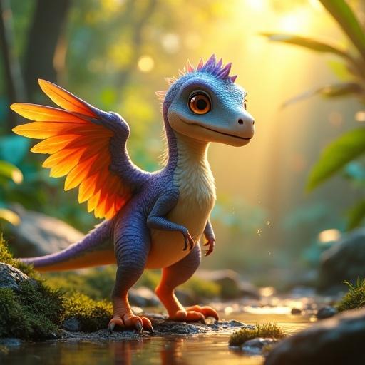 3D animated Microraptor with rich colors in a magical jungle setting. Small dinosaur with quadruple wings, playful posture, and round expressive eyes surrounded by vibrant vegetation and sunlight.