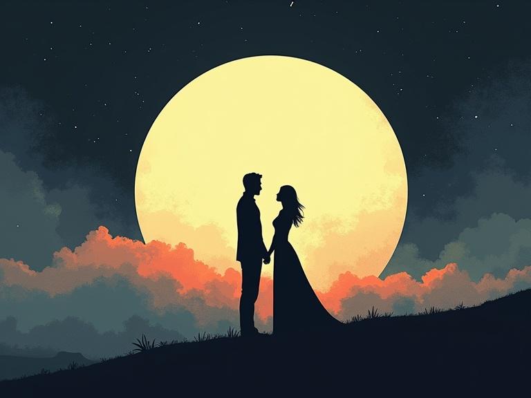 Minimalist illustration of a couple silhouetted against a large moon. Background features dark colors with sharp contrasts. Soft, emotive composition creates a romantic atmosphere with clean lines.