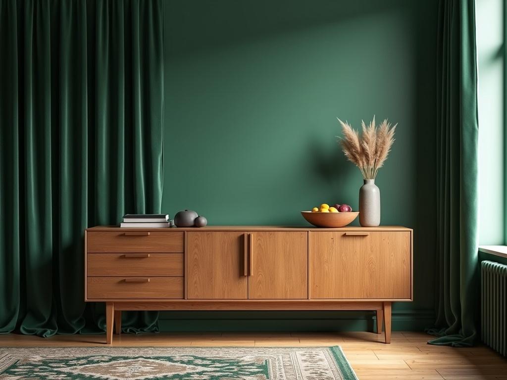 This is a modern interior design scene featuring a wooden sideboard with clean lines and a minimalistic style. The sideboard is placed against a deep green wall, providing a striking contrast that enhances its warm tones. On top of the sideboard, there are elegant decorative items, including a bowl with fruit and a vase with dried grasses, showcasing a chic yet understated aesthetic. Long velvet curtains in a matching green hang next to the window, adding texture and depth to the space. A beautifully patterned area rug lies on the floor, completing the cozy yet contemporary ambiance of the room.