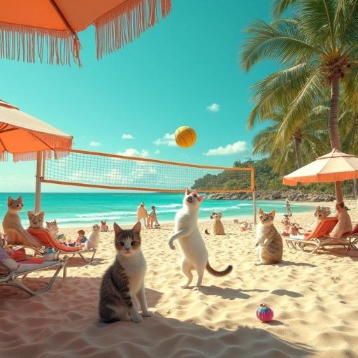 Hyper-realistic beach scene with humanoid cats by the shore. Cats play volleyball, swim, sunbathe, and relax in a lively atmosphere. Various activities include building sandcastles and playing frisbee. Rich textures and cinematic golden hour lighting. Use of advanced photography techniques.