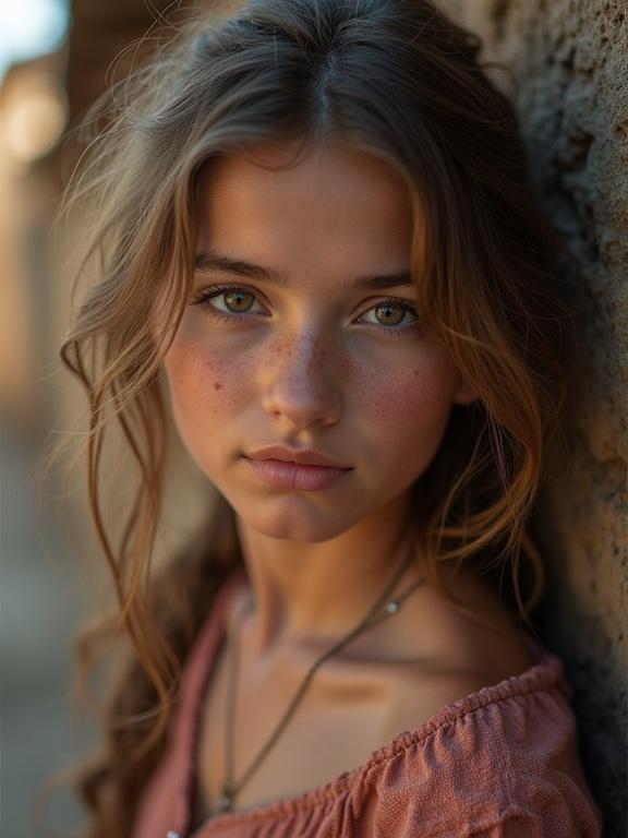 Photo of a girl in an old village. Captivating portrait with detailed skin and emphasis on natural beauty. Captured with depth of field using a DSLR.