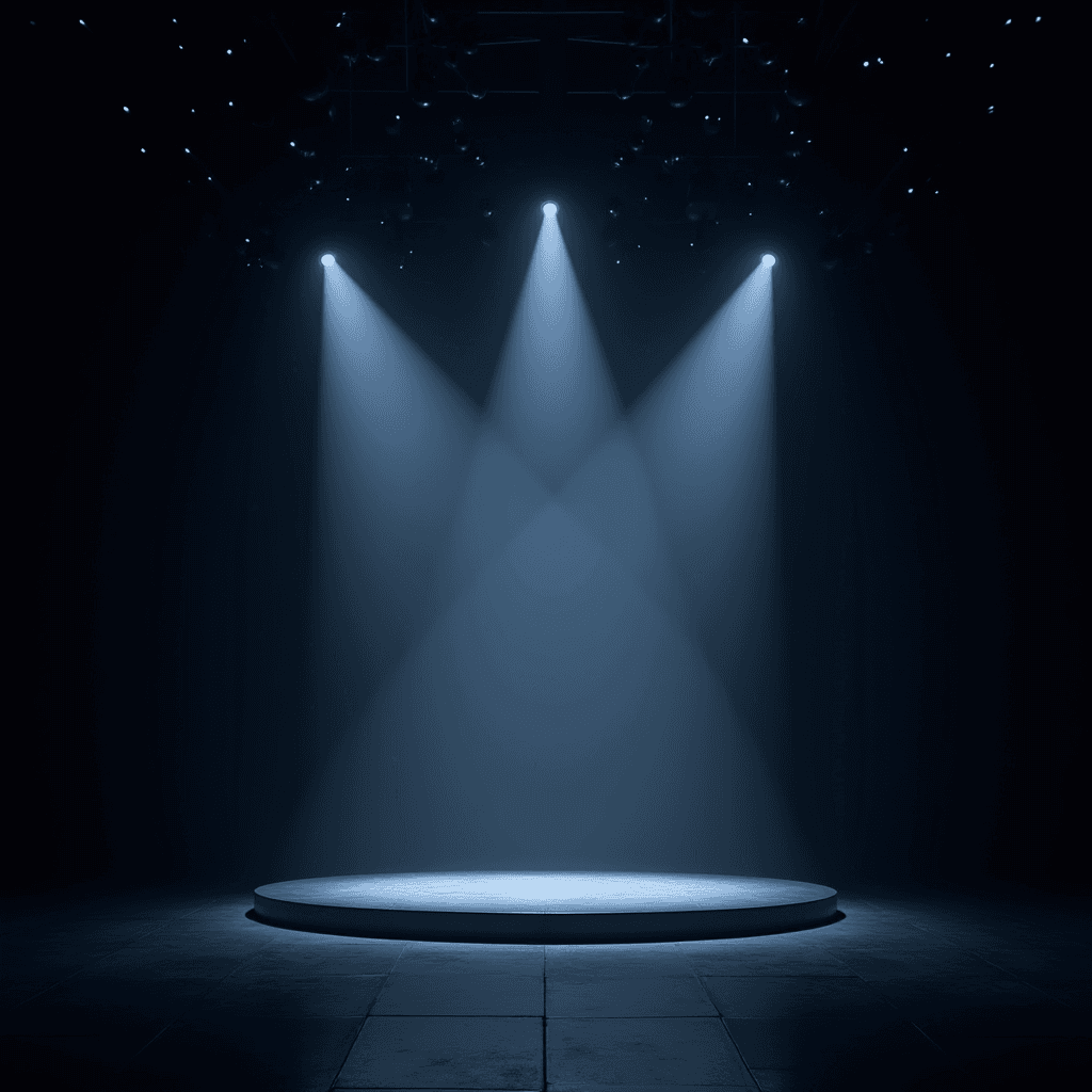 A dramatic scene with a circular stage illuminated by three intersecting spotlights in a dark theater.