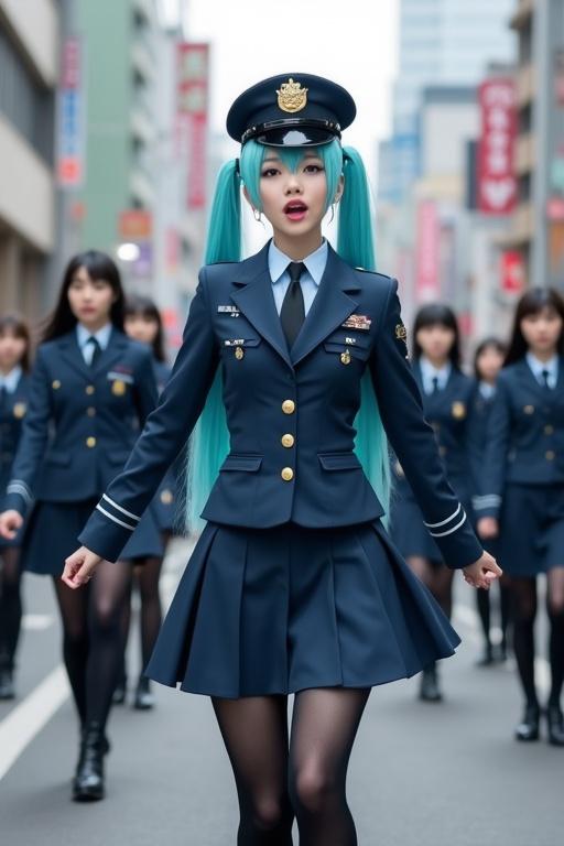 Hatsune Miku in Japanese police uniform. She poses confidently in a navy blue uniform. Performing in a busy street. Surrounded by other women in uniform. Bright colors and dynamic setting.