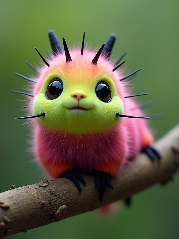 Vibrant caterpillar-like creature sitting on a branch. Plump and fuzzy body with spikes. Large black eyes and tiny mouth. Colorful pastel pink and neon yellow-green. Clinging to a textured brown branch with a green blurred background.