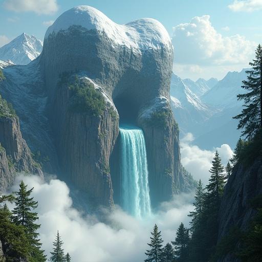 Epic surreal landscape featuring colossal tooth-shaped mountain crowned with pristine alpine environment. Dense pine forests surround turquoise glacial lake. Majestic waterfall cascades down mountain into fluffy white clouds. Hyper-realistic textures of rock and water exhibit awe-inspiring scale. Artistic representation of dental surrealism.