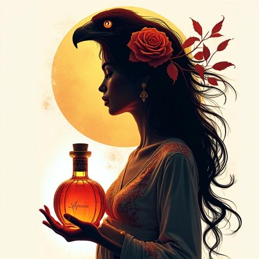 Conceptual artwork featuring an imposing falcon and a young Hispanic woman with long dark hair. The woman holds an apothecary-style bottle named 'ALFRUNO'. The scene has warm ambient lighting against a white background with minimalist style and floral motifs in the woman's attire.