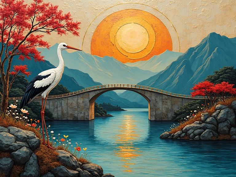 Artistic depiction of a stork beside a round Japanese bridge over a river. Mountains and sky depicted in the background. Bright color palette with hues of gold, ocher, and more. Textured encaustic and alcohol ink effects.