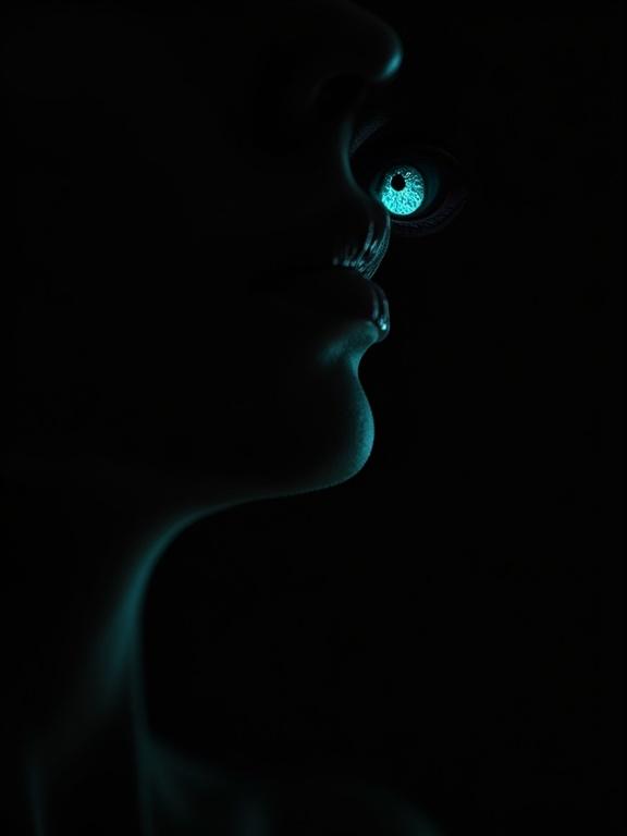 Extreme macro illustration of woman silhouette. Single turquoise blue eye is visible. Background is black.