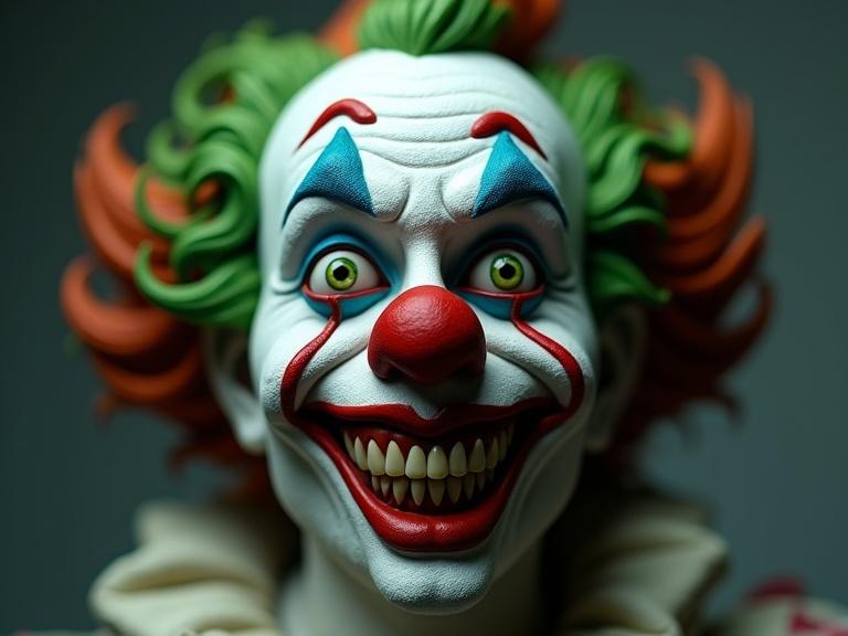 Clown face modeled from polymer clay. Green and red textures highlighted by anamorphic lighting. Highly detailed features. Ambient occlusion effects evident.