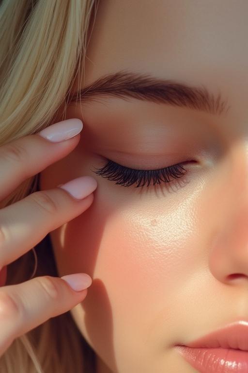 Highly detailed digital painting of a young blond woman with flawless skin. Woman has long eyelashes and closed eyes. Finger touches the corner of her closed eye. Neatly manicured nail. Soft glow and subtle lighting are present. Hyper-realistic texture and intricate details captured in this artwork.