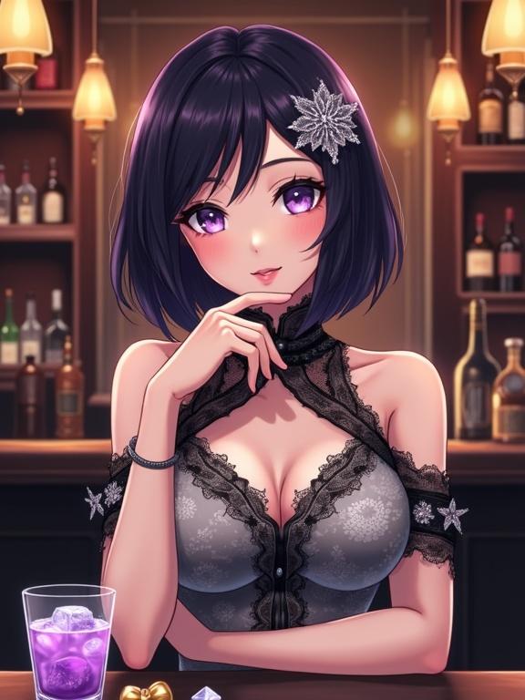 Japanese anime illustration of a graceful woman with captivating purple eyes. She has shiny dark violet bob hair with a silver ornament. Wearing a stylish gray dress with lace and floral designs. Seated at a dimly lit bar with bottles and a purple drink. Warm, intimate atmosphere.