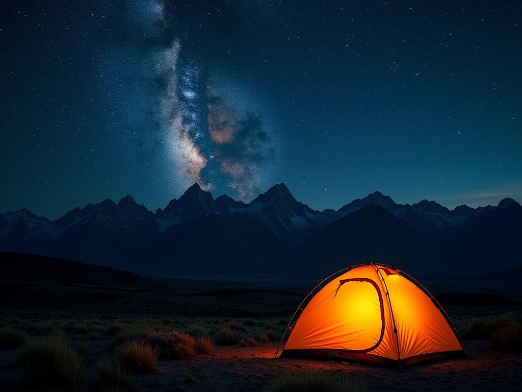 The image shows a campsite at night with a bright orange tent glowing in the foreground. The background is filled with a starry sky, showcasing a dense array of stars and the Milky Way as it stretches across the sky. Majestic mountains can be seen in the distance, under the soft glow of the night sky. The campsite appears to be surrounded by open terrain, suggesting a remote outdoor location. The overall atmosphere is peaceful and inviting, perfect for stargazing or camping adventures.