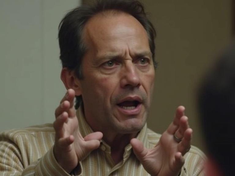 Person speaking with hands raised. Engaged in conversation. Expressive facial features. Close-up view. Soft lighting.