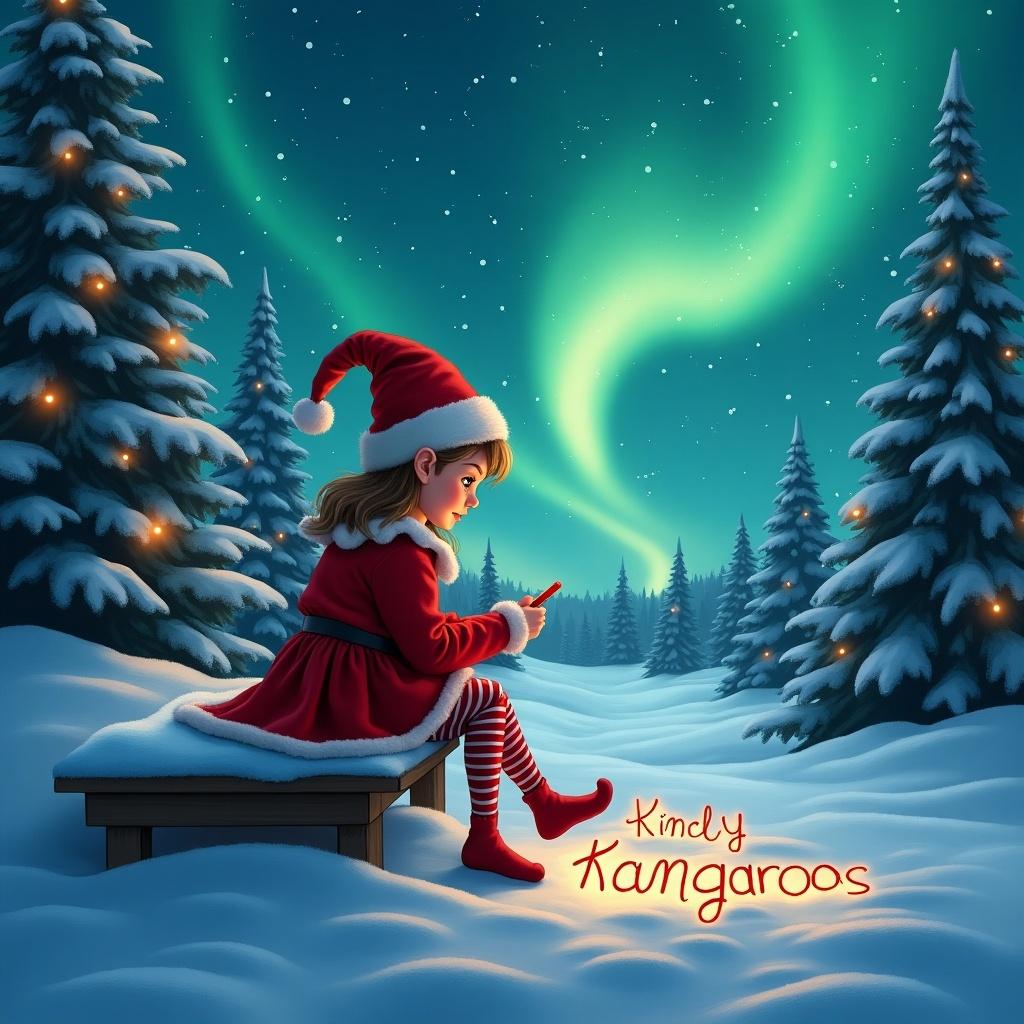 Girl elf on the shelf in the north Pole writing Kindy Kangaroos in the snow. Northern lights shine in the sky between Christmas trees.