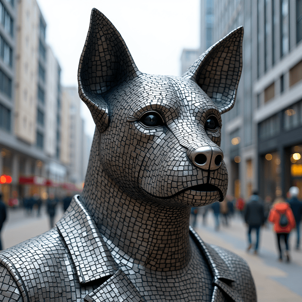 A mosaic-surfaced sculpture of a dog-headed figure in a suit stands amidst a busy cityscape.