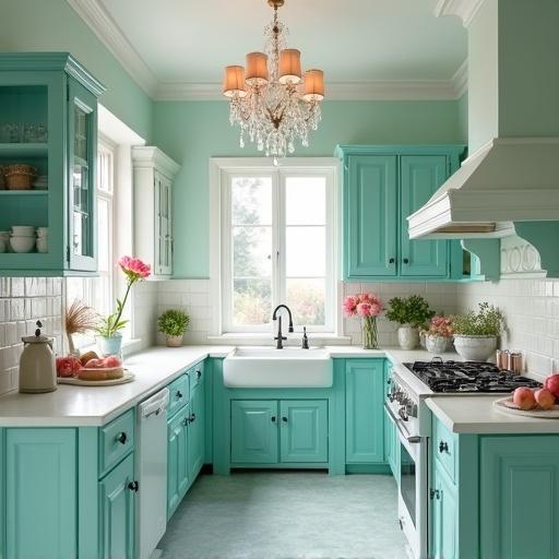 A shabby chic aqua kitchen featuring a crystal chandelier and white counters. The space includes a white window and pink roses in decor.