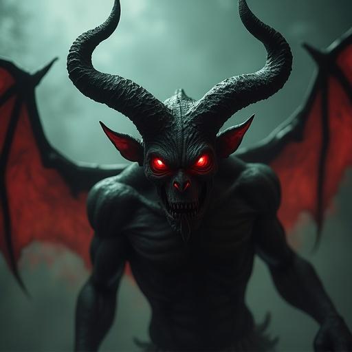 A grotesque demon stands with sharp horns and glowing red eyes in a hellish environment. The dark and eerie atmosphere enhances the formidable presence of the demon.