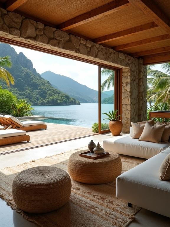 Luxurious tropical open-air living room blending indoor comfort with outdoor serenity. Natural materials and a stunning connection to nature. Furniture includes oversized ivory sofas and round woven tables. Large glass doors open to a wooden deck with sun loungers and pool. Lush mountains and blue water in the view. Peaceful and serene atmosphere with earthy tones and organic textures.