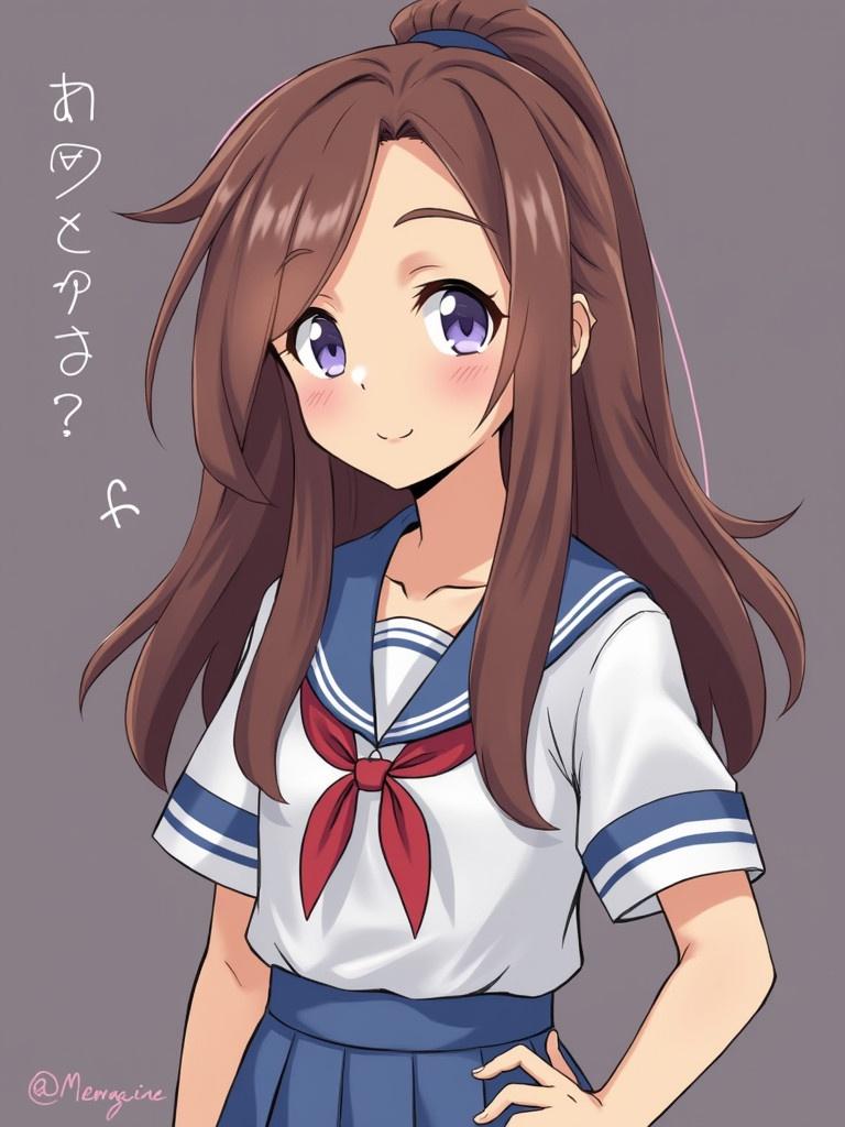 Anime styled character in a school uniform with long brown hair and a red bow tie. The character stands facing forward, with an expression of curiosity. Background is a simple solid color. Drawing style is vibrant and clean.