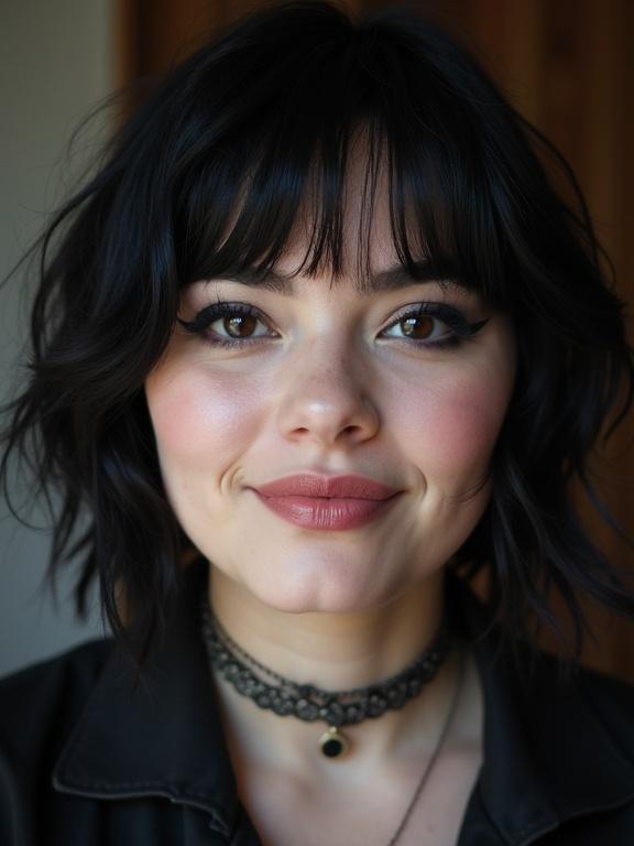 A 20-year-old woman with black hair. She has dark eyes and wears goth-style makeup. The image captures a close-up of her neck and the choker necklace she is wearing. The face conveys a kissy face with happiness. She has a round plump face.