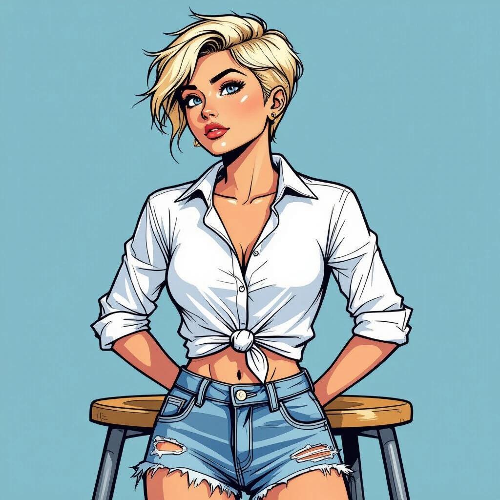 A woman stands confidently beneath a stool. She has blue eyes and a crew cut. Straw-blonde hair is styled in a short cut. Wearing ripped denim shorts and a white knotted shirt. Hands clasped behind back. Shoulders are pushed back. The image features a semi-realistic comic style with strong lines.