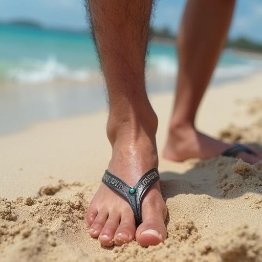 A male foot resting in soft sand on a sunny beach. A tattoo resembling Havaianas flip-flops is visible on the foot.
