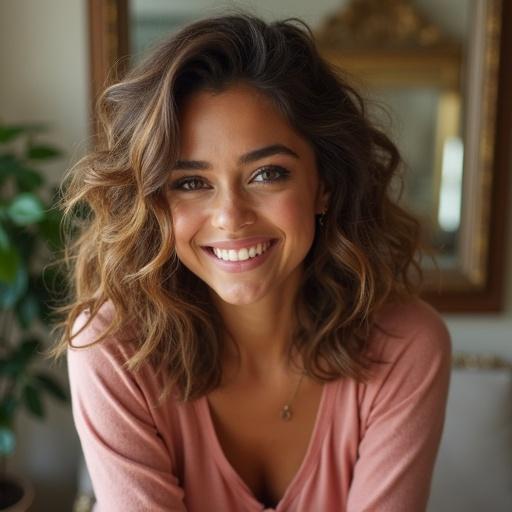 Smiling woman with wavy hair in a peach top. Soft light illuminates her face. Background features a mirror and plants.