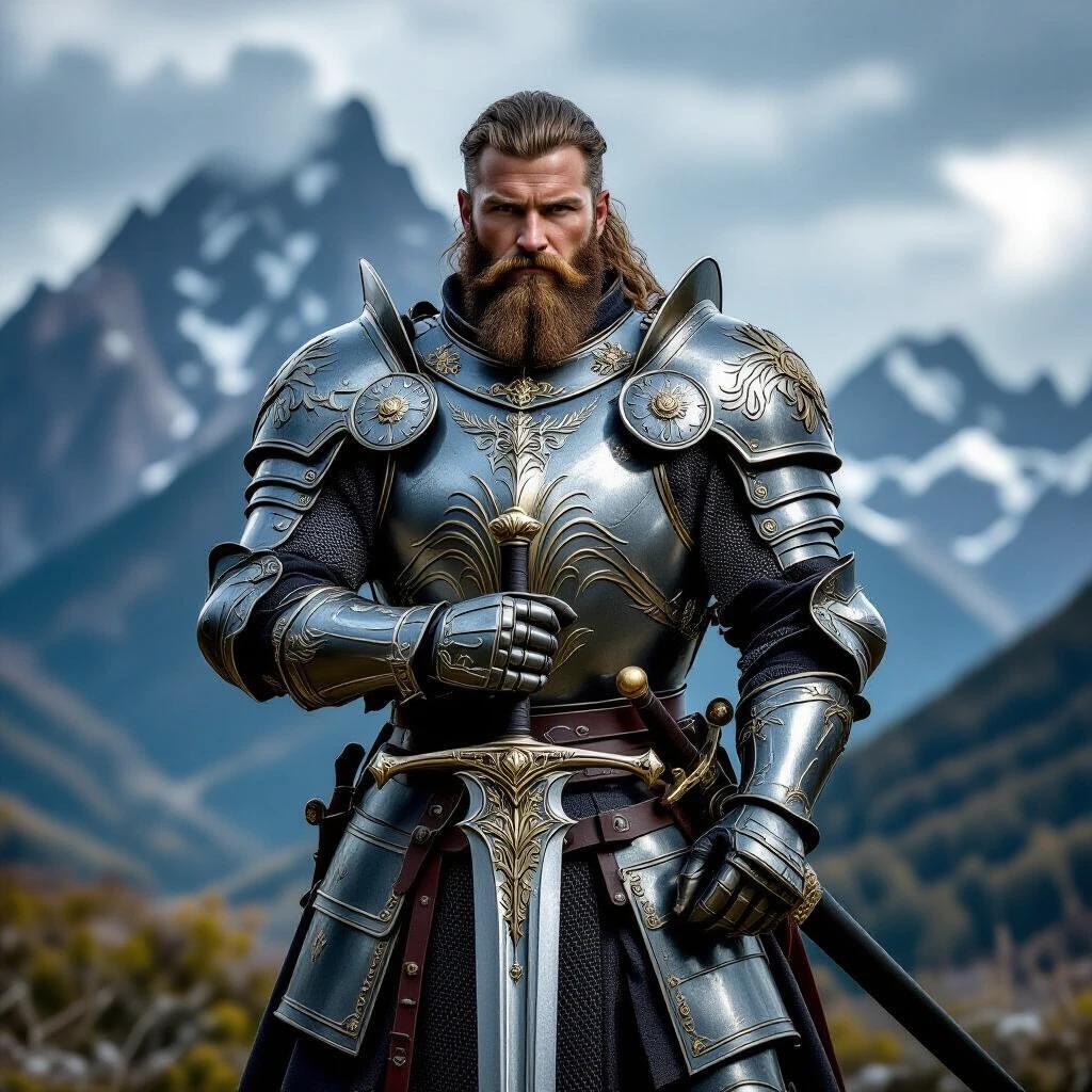 A knight stands proudly in stunning armor against a mountain backdrop. The knight has broad shoulders, a thick beard, and a determined expression. He holds a grand sword. The colors are muted grays and blues, with dark clouds hinting at an impending storm.