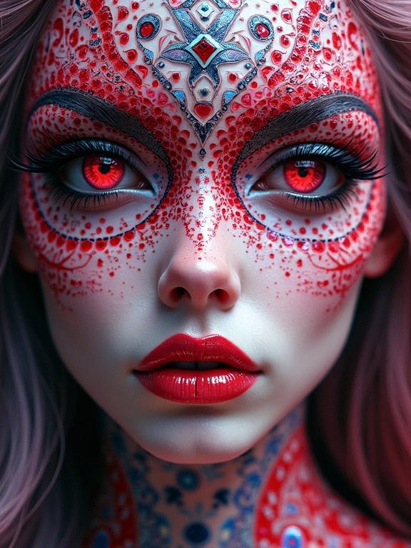 A hyperdetailed portrayal of a female figure with intricate facial makeup. The makeup includes red patterns and large, expressive eyes. The artwork features elements of zentangle and a 3D Droste effect. Highly detailed and presented in vibrant colors.