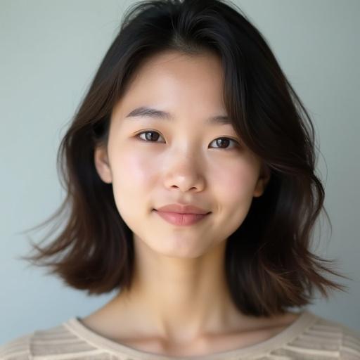 Picture of a young woman with an oval face, delicate features, and a gentle smile. She has shoulder-length dark brown hair and light skin. Her expression is calm and relaxed, facing the camera.