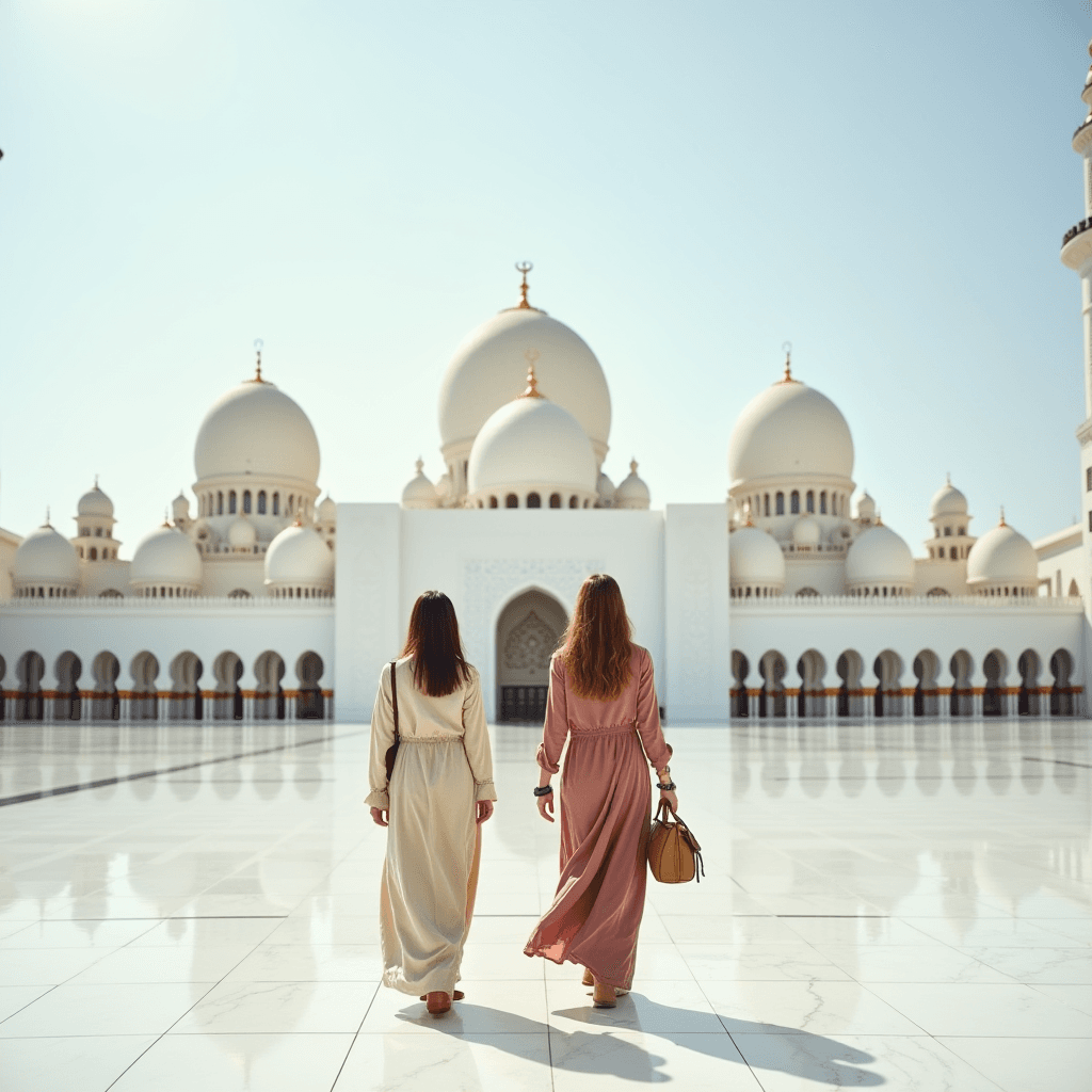 Two women in flowing dresses walk towards an ornate, white mosque with domes under a clear blue sky.