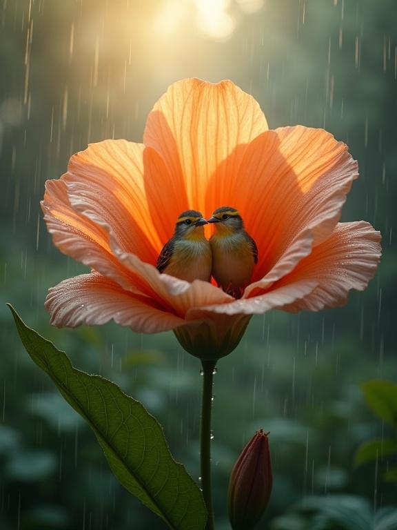 A large surreal flower opens wide with two small birds inside. Raindrops fall heavily creating ripples on flower petals. Sunlight flickers through dark storm clouds. Background is a blurred misty forest. Gentle breezes make the flower sway. Water droplets slide down silky petals. The scene feels dreamy and magical.
