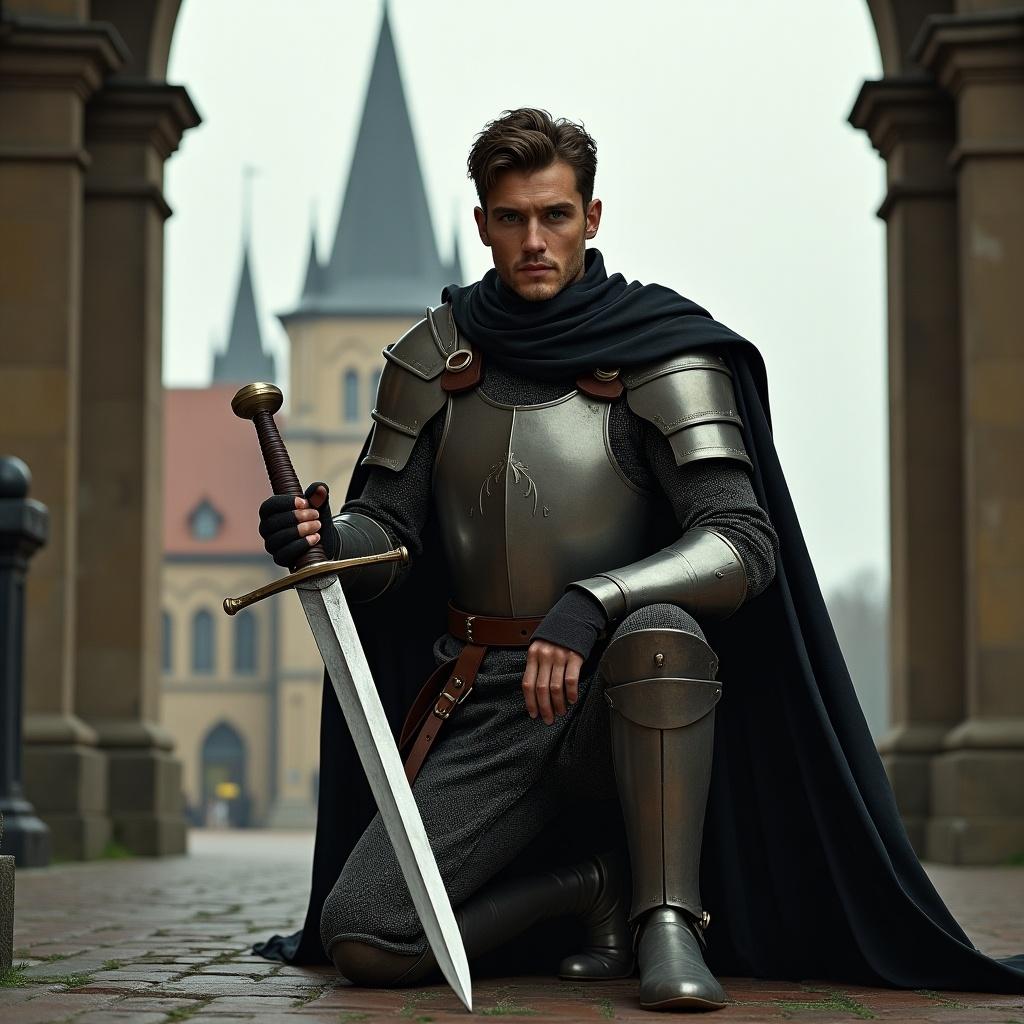 Knight kneeling with sword in hand. Elegant armor design. Set against an old German church backdrop.